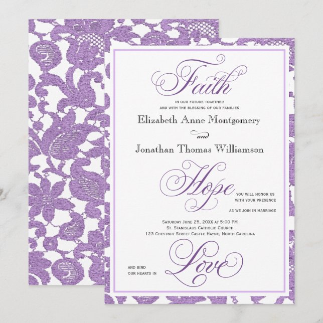 Lavender Lace Christian Wedding Invitation (Front/Back)