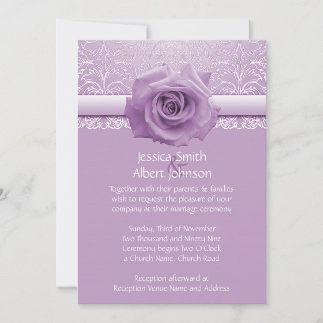 Lavender Lace Damask Beauty Rose Wedding Invite (Front)