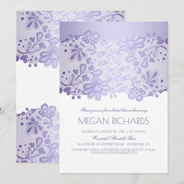 Lavender Lace Elegant Vintage White Bridal Shower Invitation (Front/Back)