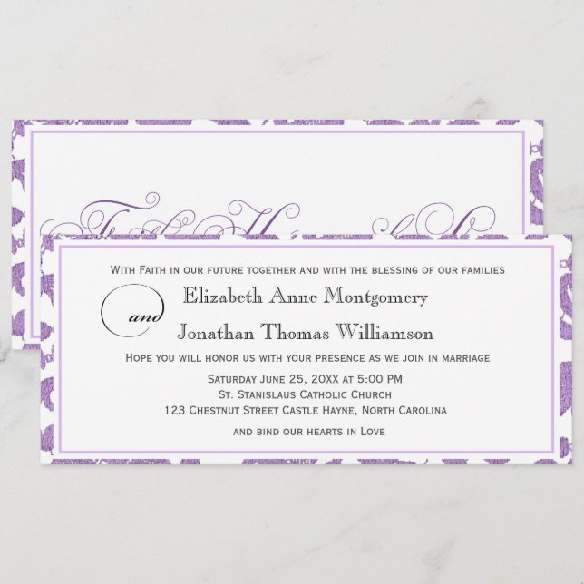 Lavender Lace Faith Hope Love Horizontal Wedding Invitation (Front/Back)