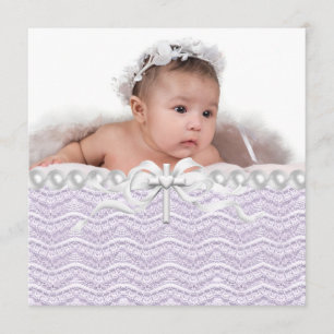 Lavender Lace Pearl Cross Christening Invitation