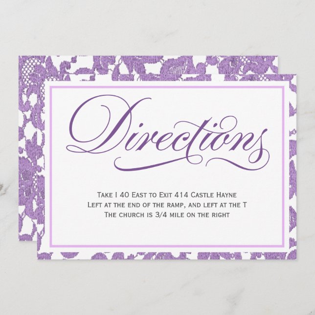 Lavender Lace Script Wedding Directions Enclosure Invitation (Front/Back)
