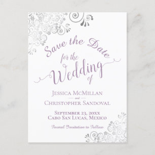 Lavender Lacy Silver Wedding Save the Date White Announcement Postcard