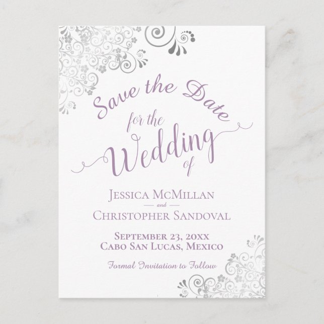 Lavender Lacy Silver Wedding Save the Date White Announcement Postcard (Front)