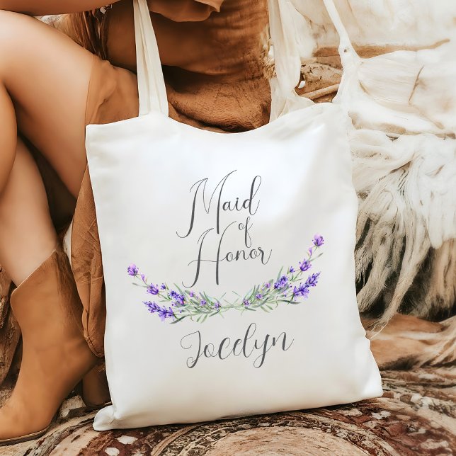 Lavender Laurel Maid of Honour Wedding  Tote Bag (Maid of Honor Wedding Tote with Lavender Laurels and Script Font
)