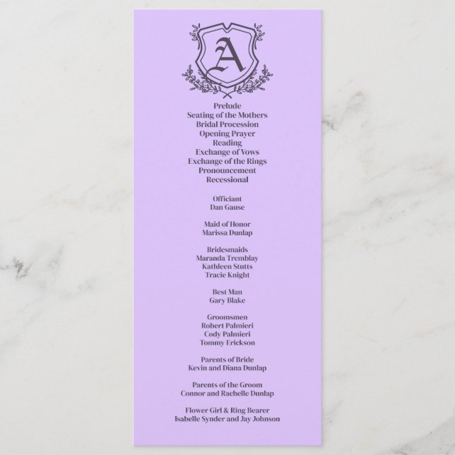 Lavender Leaf and Floral Monogram Wedding Programme (Front)