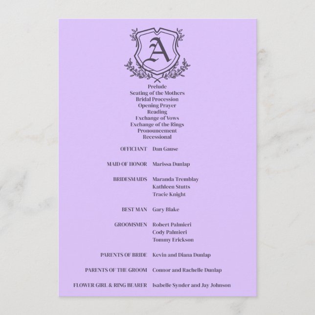 Lavender Leaf and Floral Monogram Wedding Programme (Front)