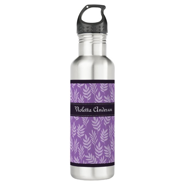 Lavender Leaves Elegant Purple Pattern With Name 710 Ml Water Bottle (Front)
