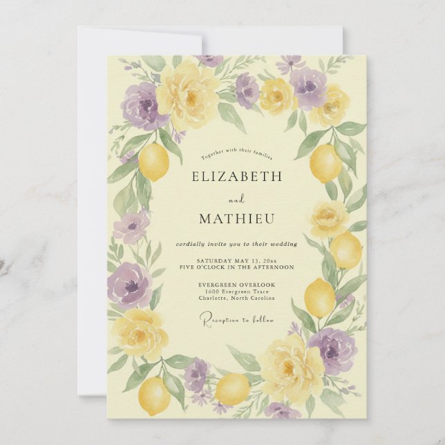 Lavender Lemon Citrus Muted Eucalyptus Wedding Invitation (Front)