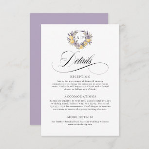 Lavender Lemon Monogram Floral Crest Details Enclosure Card