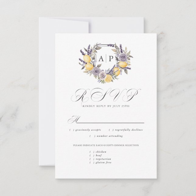 Lavender Lemon Monogram Floral Crest Meal Options RSVP Card (Front)