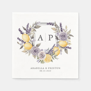 Lavender Lemon Monogram Floral Crest Wedding Napkin