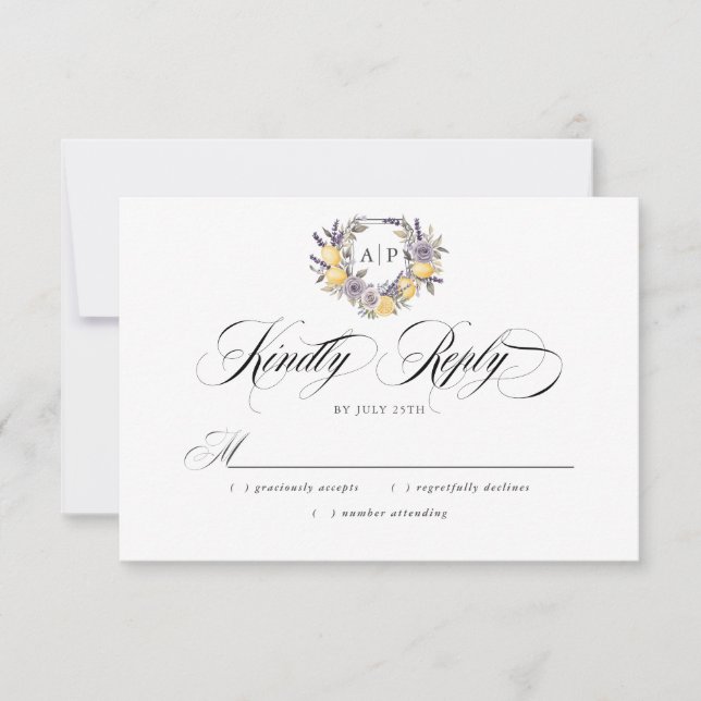 Lavender Lemon Monogram Floral Crest Wedding RSVP Card (Front)