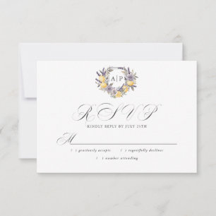 Lavender Lemon Monogram Floral Crest Wedding RSVP Card