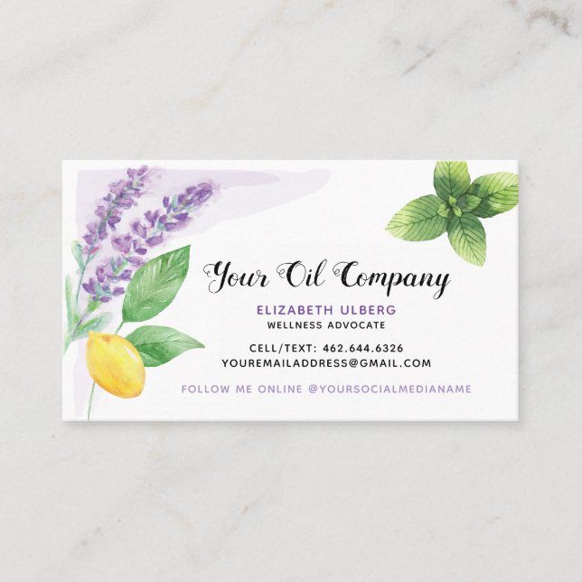 Lavender, Lemon, & Peppermint Essential Oils Business Card (Front)