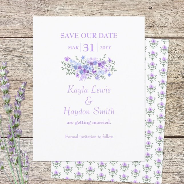 Lavender, Light Blue Bouquet Wedding Save the Date Invitation (lavender and dusty blue SAVE OUR DATE wedding announcement)