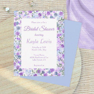 Lavender, Light Blue Rose Border Bridal Shower Invitation