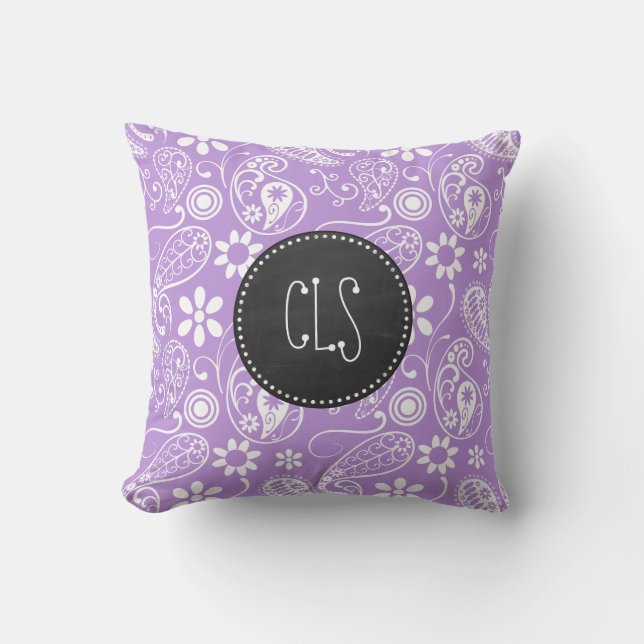 Lavender, Light Purple Paisley; Chalkboard look Cushion (Front)