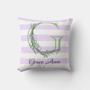 Lavender light purple white strips monogram cushion