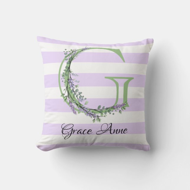 Lavender light purple white strips monogram cushion (Front)