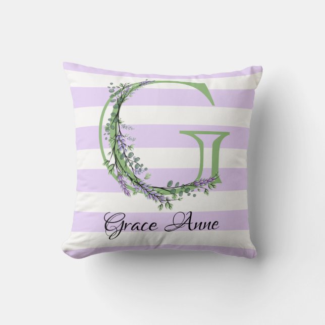 Lavender light purple white strips monogram cushion (Front)