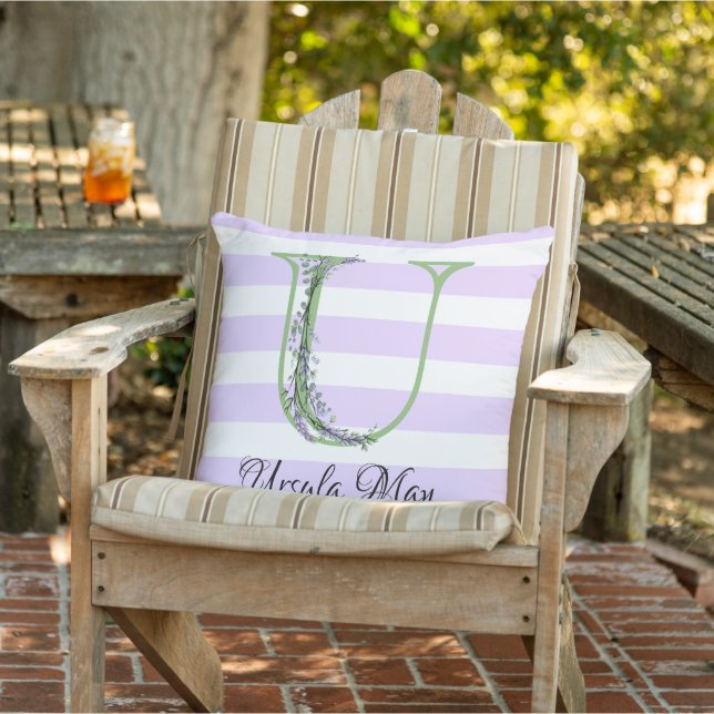 Lavender light purple white strips monogram cushion (Chair)