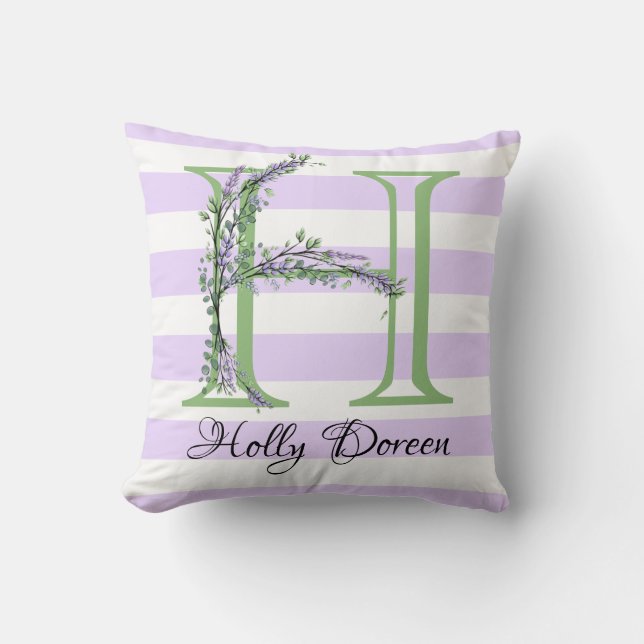 Lavender light purple white strips monogram cushion (Front)