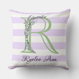 Lavender light purple white strips monogram cushion