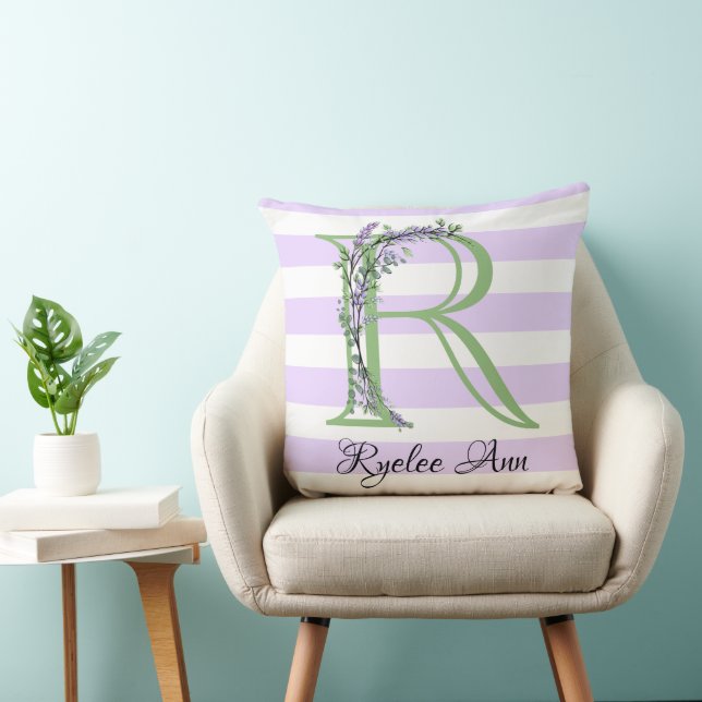 Lavender light purple white strips monogram cushion (Chair)