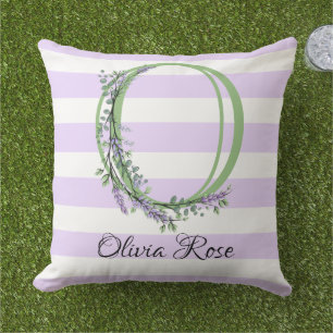 Lavender light purple white strips monogram cushion