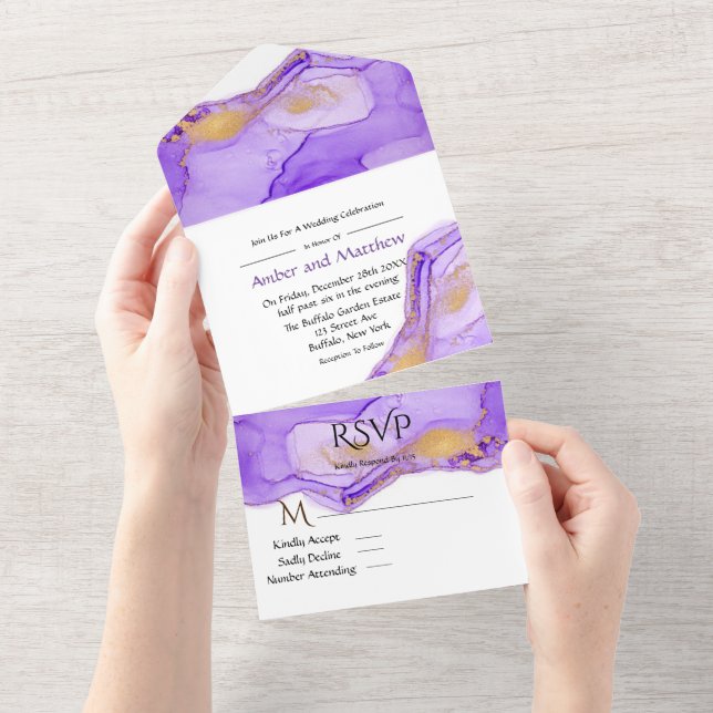 Lavender Lilac Alcohol Ink Wedding All In One Invi All In One Invitation (Tearaway)