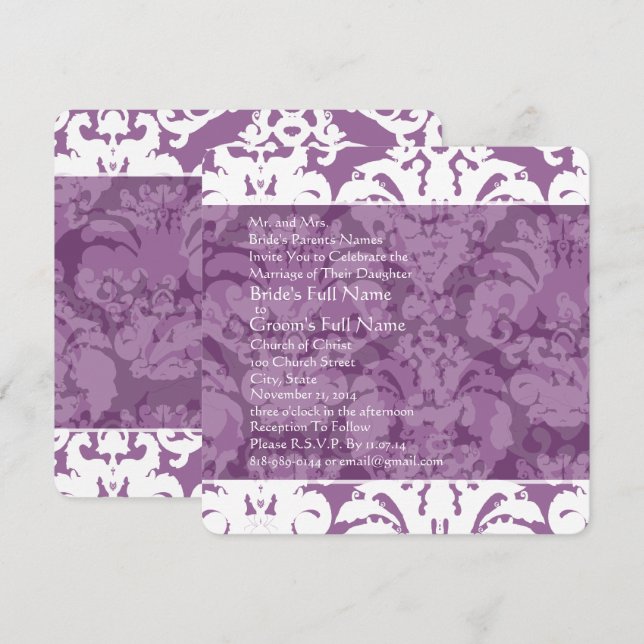 Lavender Lilac Damask Wedding Invitation (Front/Back)