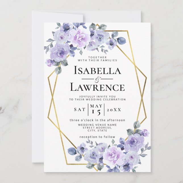Lavender Lilac Floral Gold Frame Elegant Wedding Invitation (Front)