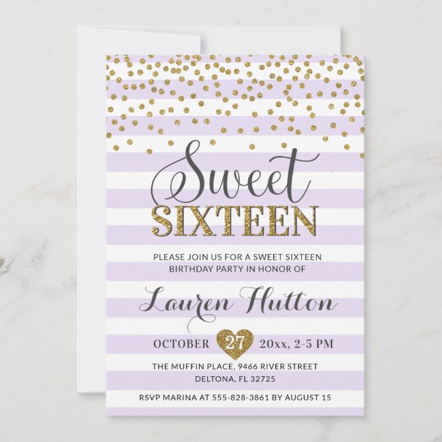 Lavender Lilac Gold Sweet Sixteen Party Birthday Invitation (Front)