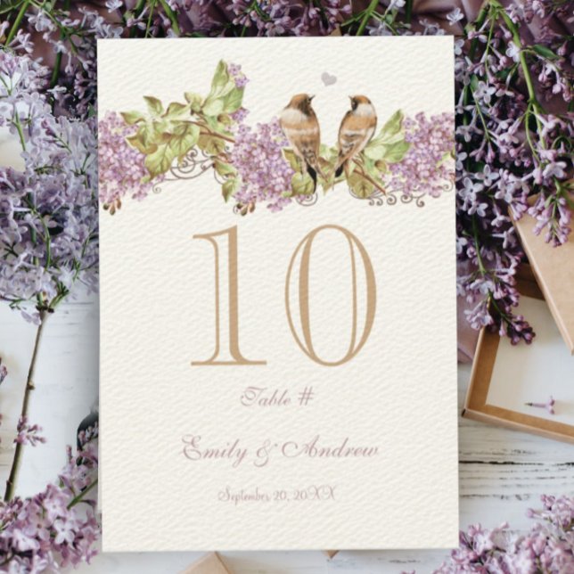Lavender Lilac Love Bird Wedding Table Number Card (Creator Uploaded)