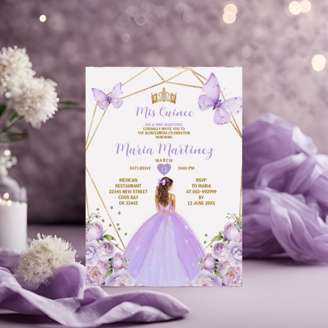 Lavender Lilac Princess Butterfly Gold Quiñceanera Invitation (Creator Uploaded)