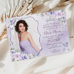 Lavender Lilac Purple Floral Photo Quinceañera Invitation<br><div class="desc">Personalise this soft lavender purple lilac floral Quinceañera / Sweet 16 birthday photo/ picture invitation easily and quickly. Simply click the Edit Using Design Tool button to further edit the texts, change fonts, fonts colours and adjust the picture. Featuring pretty pastel lavender purple flowers, delicate greenery and purple and silver...</div>