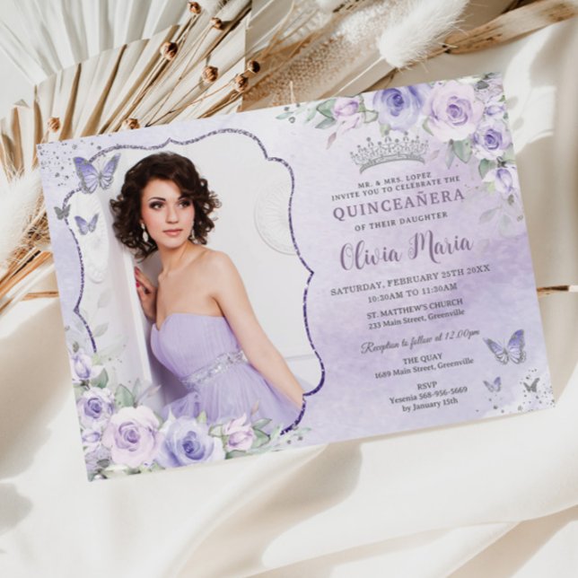 Lavender Lilac Purple Floral Photo Quinceañera Invitation (Creator Uploaded)