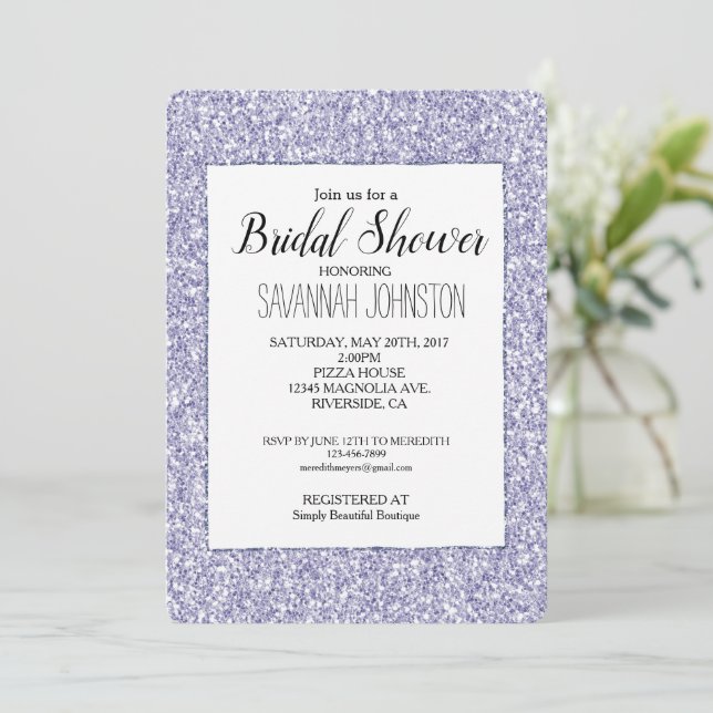 Lavender Lilac Purple Glitter Bridal Shower Invitation (Standing Front)