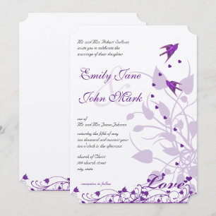 Lavender & Lilac Purple Plum Love Bird Wedding Invitation
