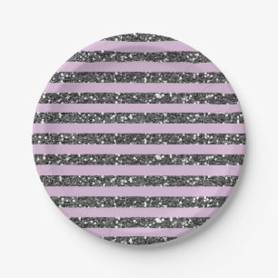 Lavender Lilac Purple Silver Glitter Stripes Party Paper Plate