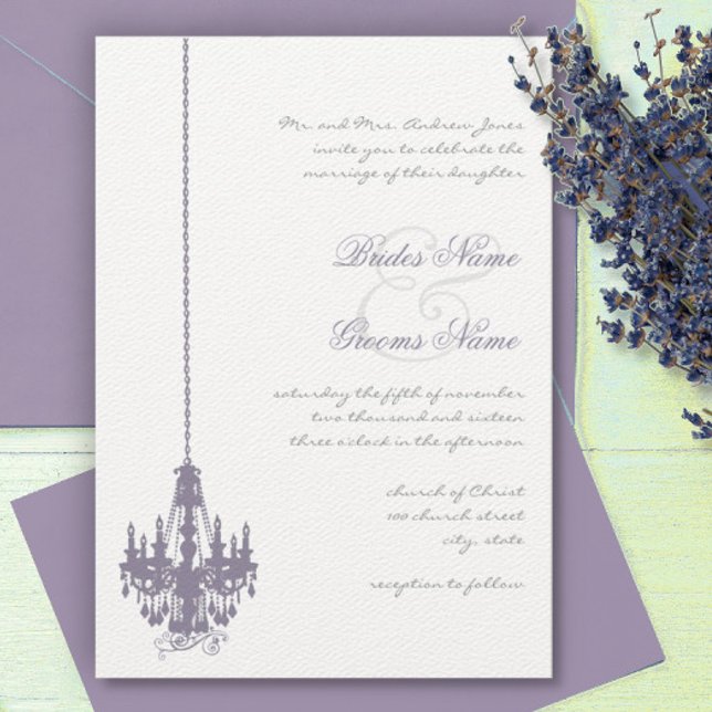 Lavender Lilac Vintage Chandelier Damask Wedding Invitation (Creator Uploaded)