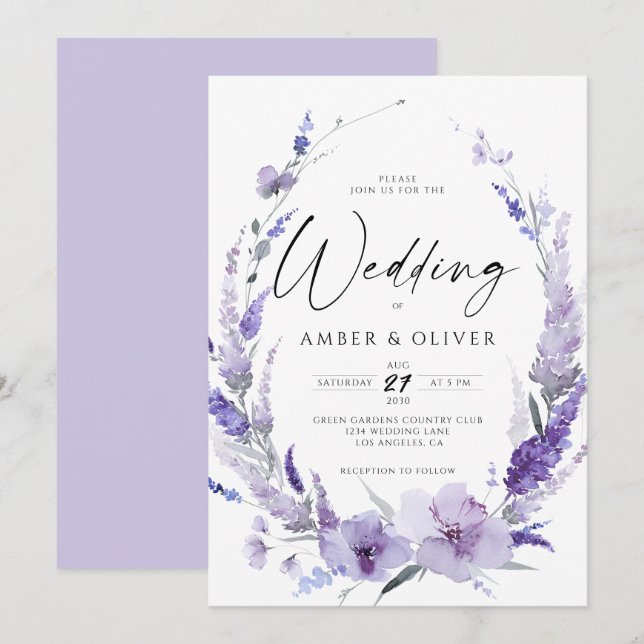 Lavender Lilac Violet Elegant Modern Wedding Invitation (Front/Back)