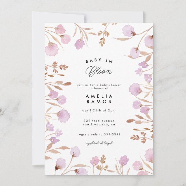 Lavender Lilac Watercolor Flower Baby Shower Invitation (Front)