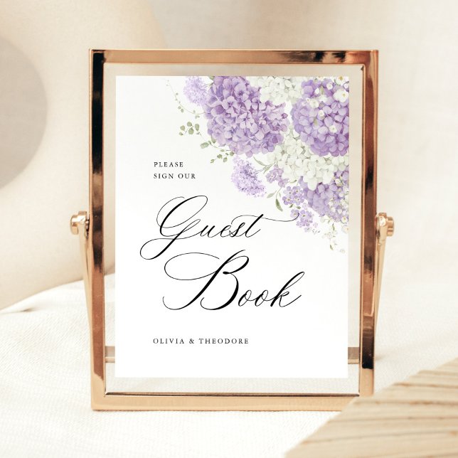 Lavender Lilac White Floral Guest Book Wedding Pedestal Sign (Lavender lilac white hydrangea guest book sign wedding signage with elegant script, watercolor)