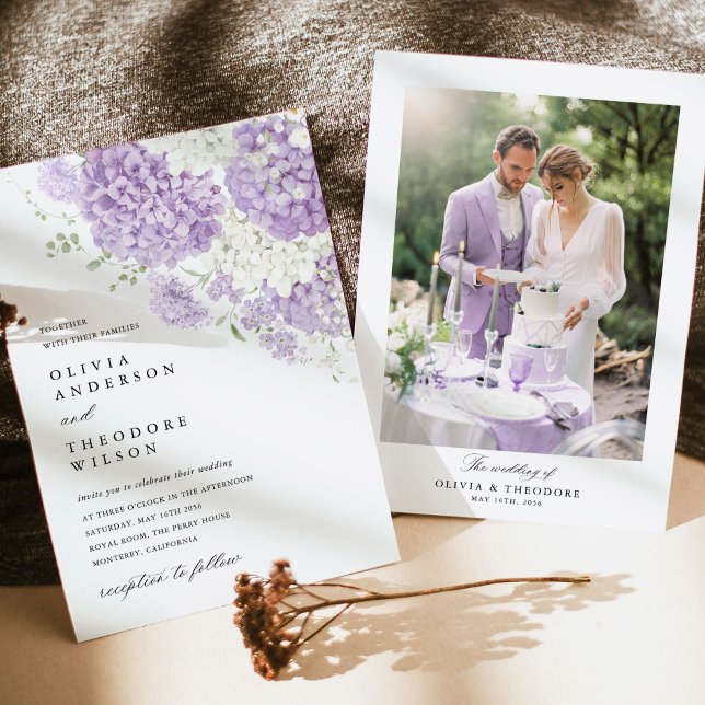 Lavender Lilac White Floral Photo Wedding Invitation (Lavender wedding photo invitation with hydrangea floral, romantic, elegant lilac purple invites)