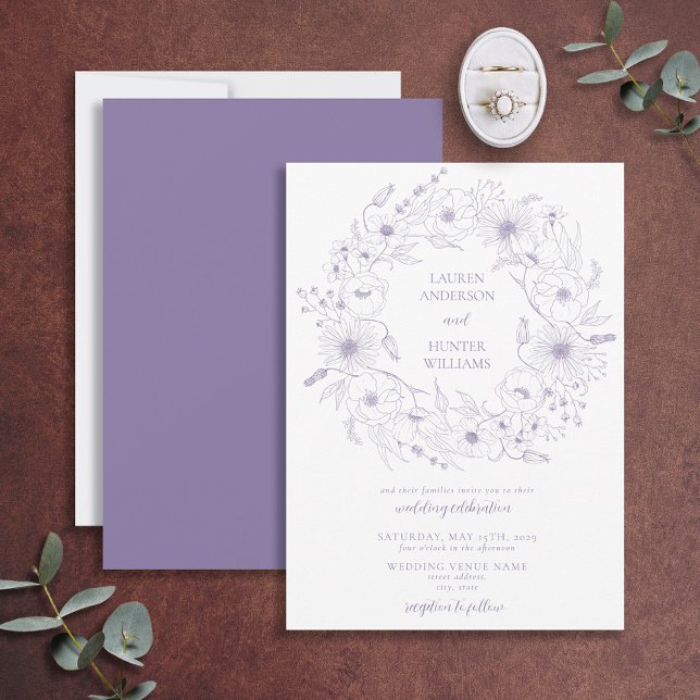 Lavender Line Art Floral Wreath Wedding Invitation (Creator Uploaded)