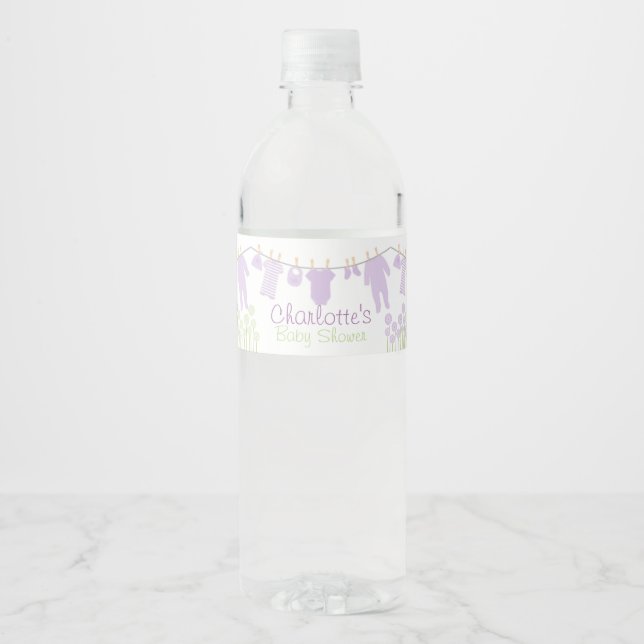 Lavender Little Clothes Baby Shower Water Bottle Label (Front)