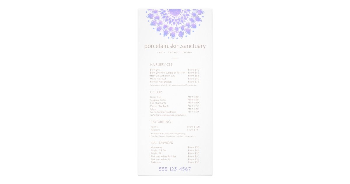 Lavender Lotus Natural Spa Salon Price List Menu | Zazzle