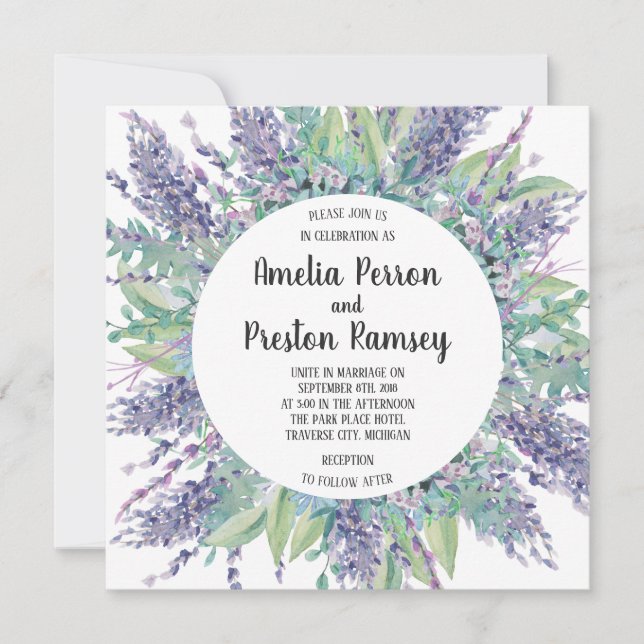 Lavender Love Floral Eucalyptus Purple Wedding Invitation (Front)
